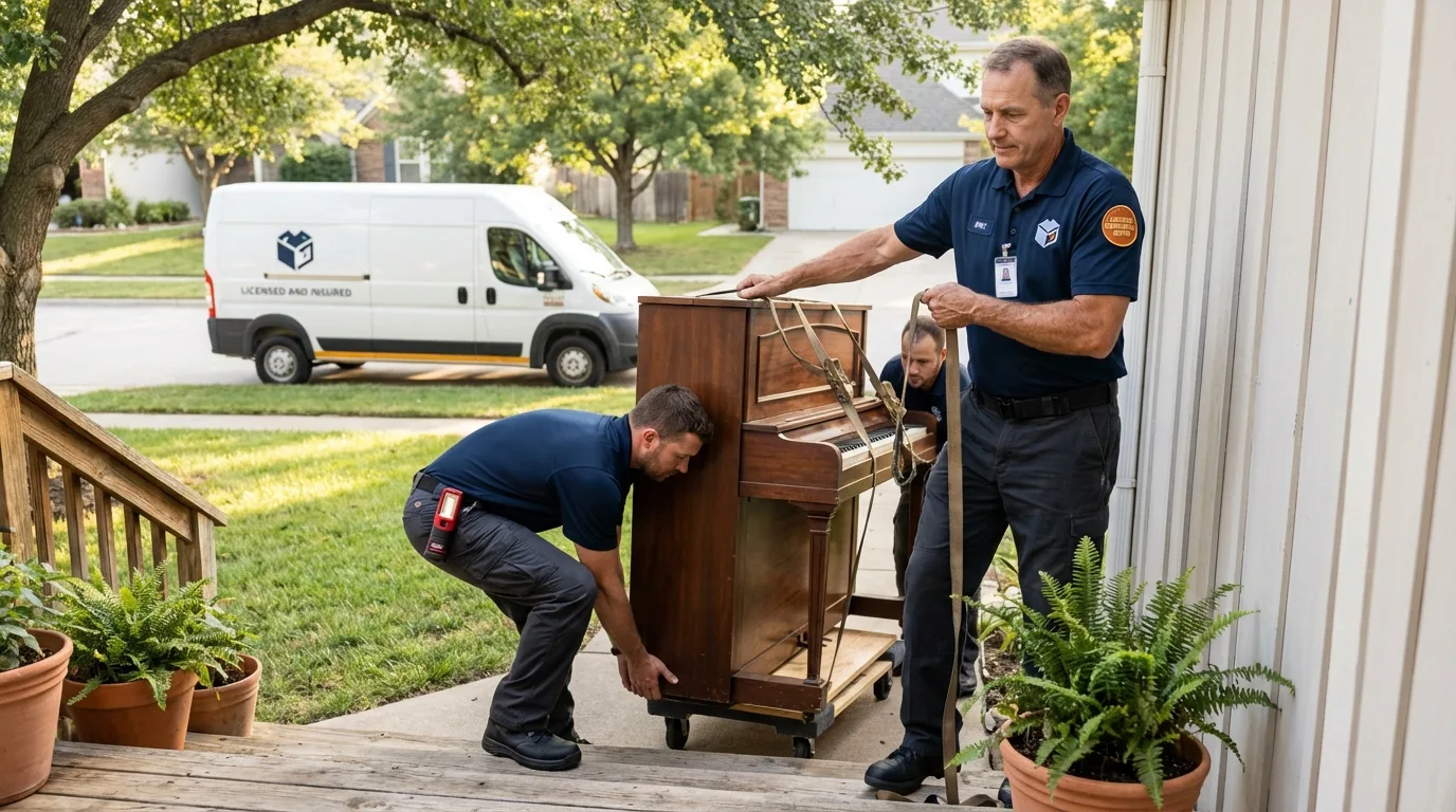 Licensed piano movers securing grand piano in Hamilton, MO