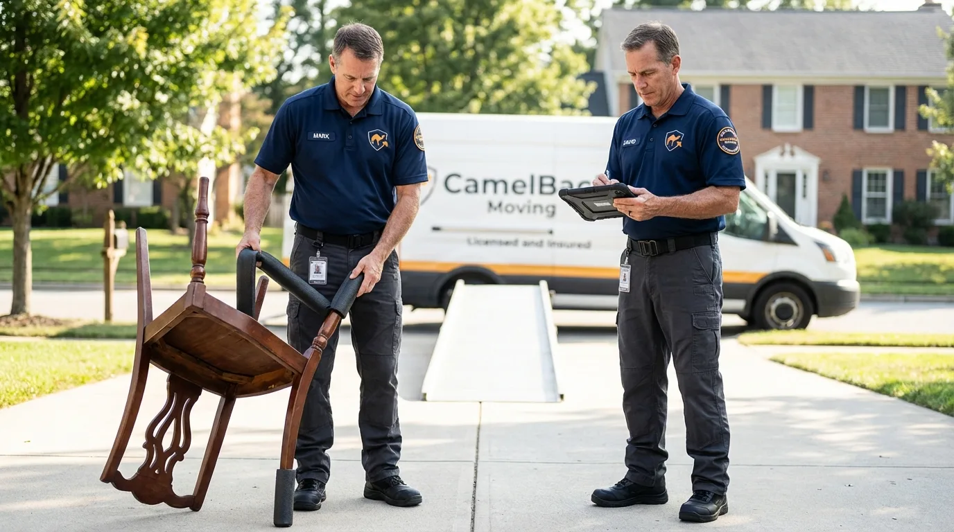 Movers inspecting furniture for damage prevention before loading in Hamilton, MO
