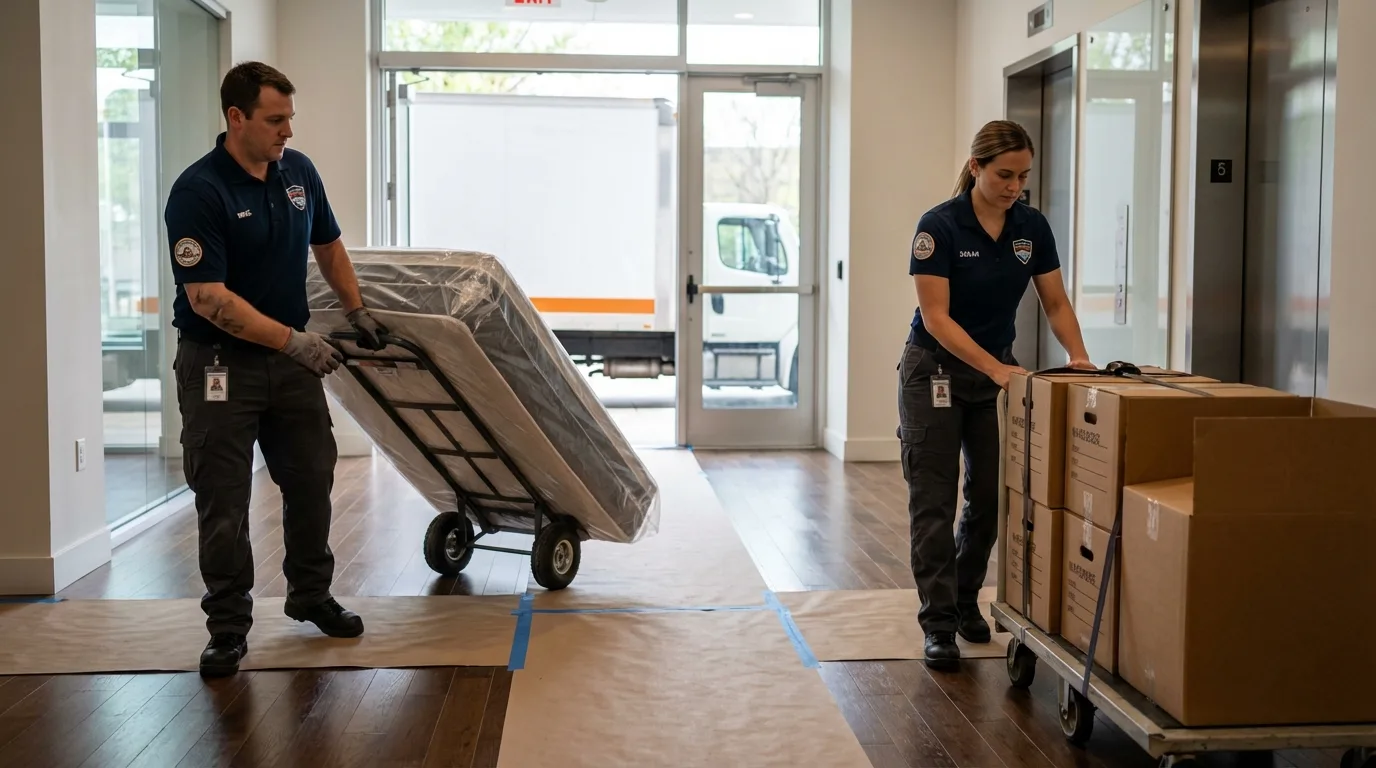 Professional apartment movers loading elevator in Hamilton, MO