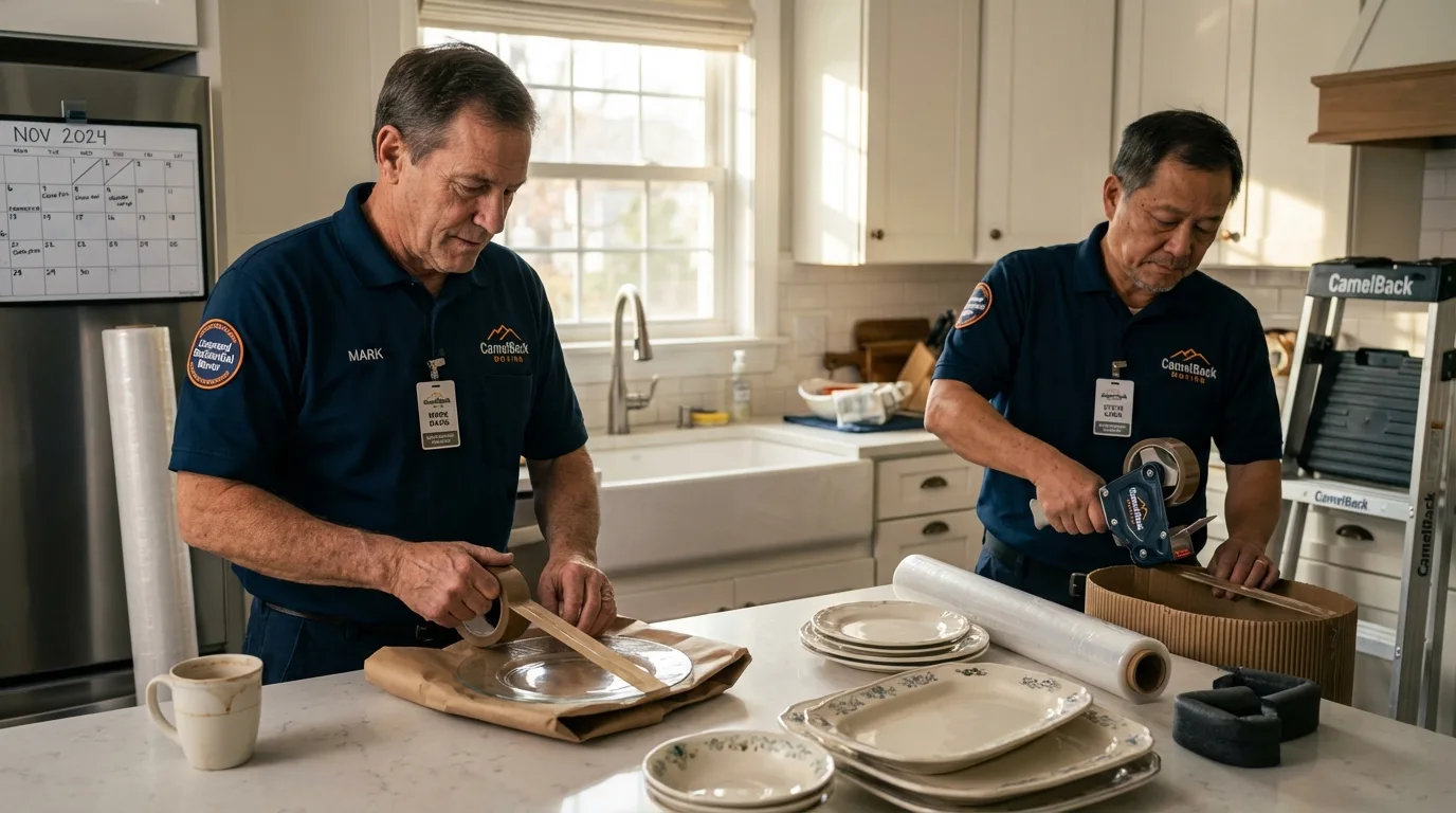 Professional crew packing kitchen dishware in Hamilton, MO